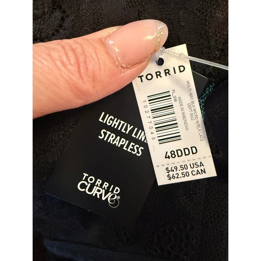 Torrid Strapless Bra Women 48DDD Black Lightly Lined Lace Multi-Way Microfiber